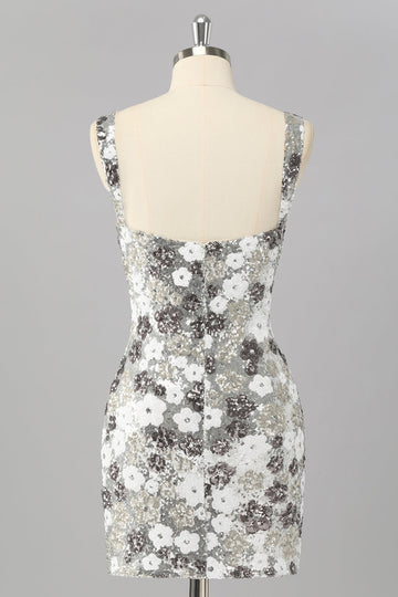 Sparkly Silver Floral Sequin Bodycon Mini Cocktail Dress with Slit